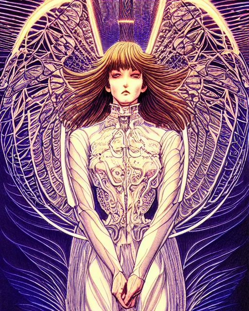 Prompt: hyper detailed illustration of an angel made of light, very holy, intricate linework, lighting poster by moebius, ayami kojima, 90's anime, retro fantasy