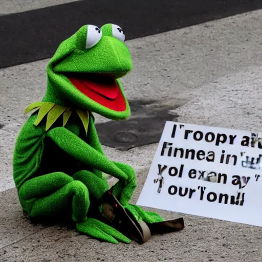 Prompt: stunning awe inspiring kermit the frog homeless begging for money with a sign, movie still 8 k hdr atmospheric lighting