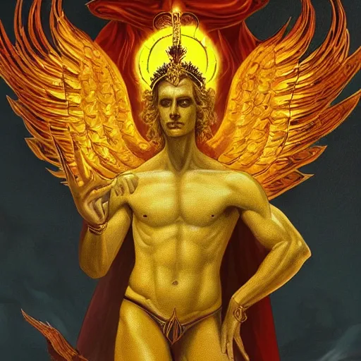 Image similar to Oil canvas of Lucifer, ruler of Inferno, capital sin of Pride, Superbia, natural blonde gold like hair, intricate sophisticated well rounded face, good bone structure, bright glowing eyes as LEDs and neon, lean body, porcelain looking skin, attractive and good looking, tall, invincible, poses triumphantly over the remains of Heaven, wearing a crown made of Michael the archangel skull, by Michelangelo, Dark Fantasy mixed with Socialist Realism, exquisite art, art-gem, dramatic representation, hyper-realistic, atmospheric scene, cinematic, trending on ArtStation, photoshopped, deep depth of field, intricate detail, finely detailed, small details, extra detail, attention to detail, detailed picture, symmetrical, 2D art, digital art, golden hour, oil painting, 8k, 4k, high resolution, unreal engine 5, octane render, arnold render, 3-point perspective, polished, complex, stunning, breathtaking, awe-inspiring, award-winning, ground breaking, concept art, nouveau painting masterpiece