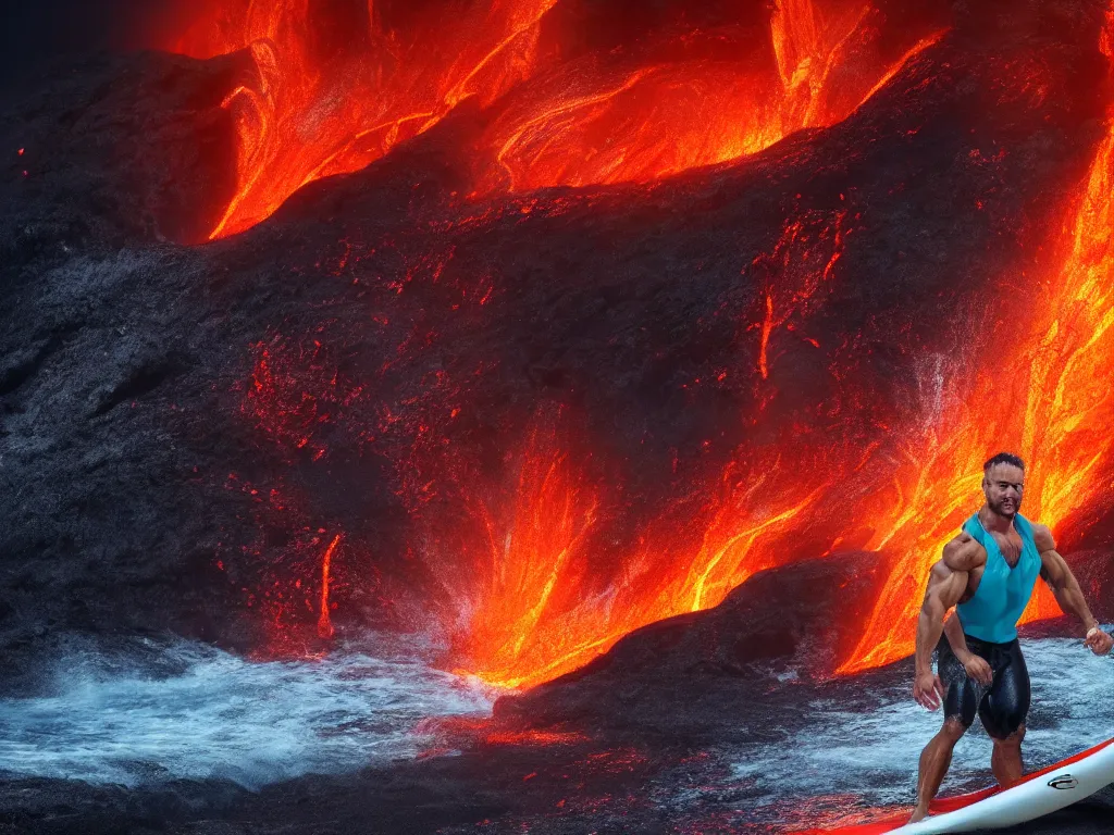 Prompt: portrait of a bodybuilder on surfing board inside erupting volcano, lava splashes, stunning scene, 8 k, extremely detailed digital painting, depth, bright colors, trending on artstation