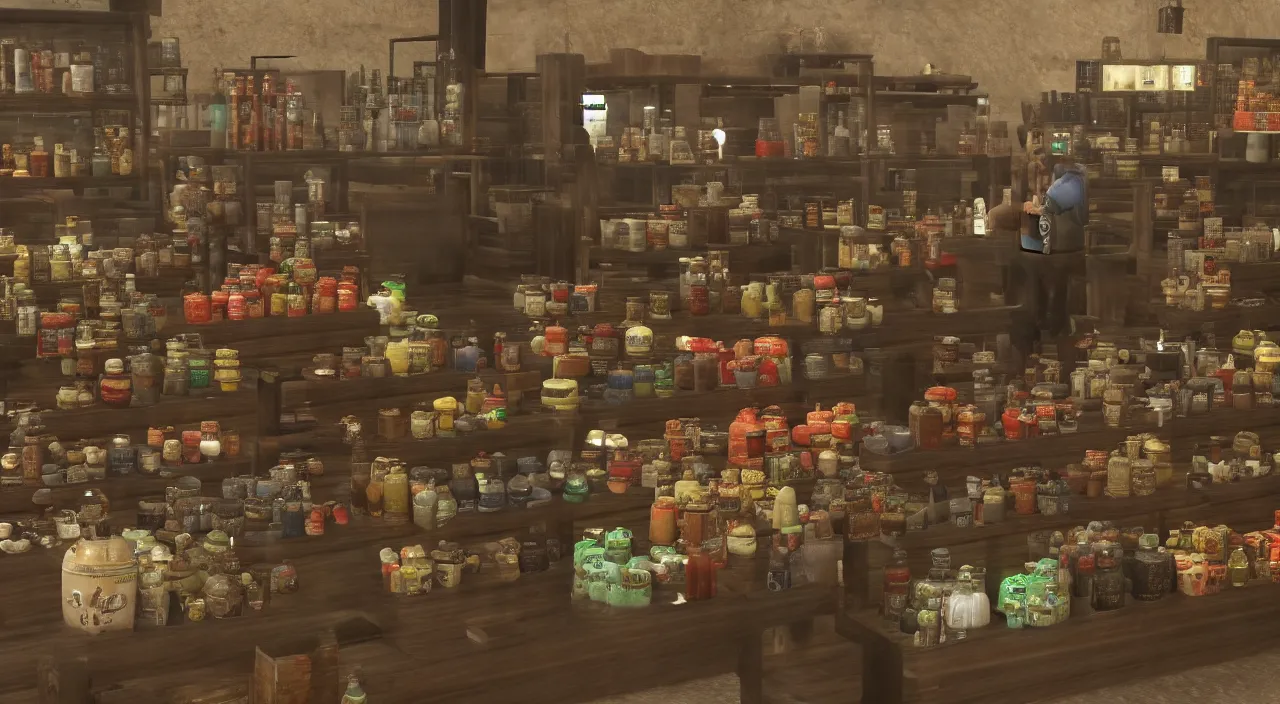 Image similar to A shopkeeper selling canteens, new vegas style