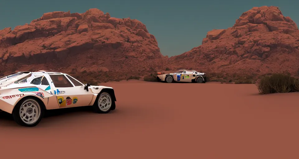 Image similar to Lancia Stratos Rally car racing in a desert, landscape, center composition, cinematic, LINELESS ART, rendered by simon stålenhag, rendered by Beeple, Makoto Shinkai, syd meade, environment concept, digital art, unreal engine, 3 point perspective, WLOP, trending on artstation, low level, 4K UHD image, octane render,