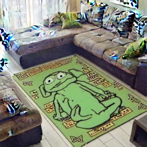 Image similar to pepe the frog as carpet deco