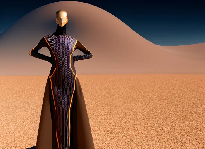 Image similar to futuristic dress for the dessert, dune style, fashion design, xf iq 4, 1 5 0 mp, 5 0 mm, iso 2 0 0, 1 / 1 6 0 s, realistic, natural light, octane render, adobe lightroom, rule of thirds, symmetrical balance, depth layering, polarizing filter, sense of depth, ai enhanced