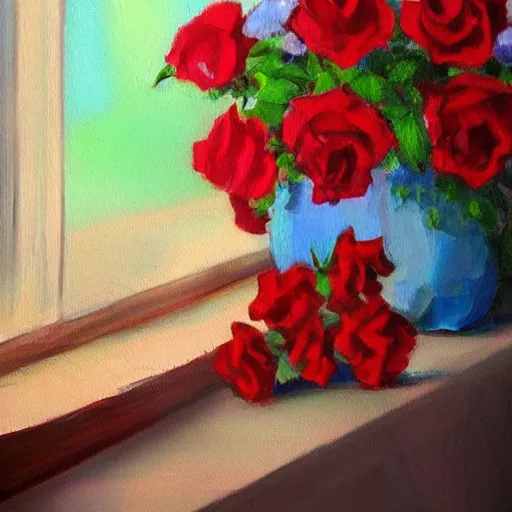 Image similar to A painting of a windowsill with flowers. Red roses. Blue Violas. The natural light from the window would be shining in on the scene. Trending on artstation