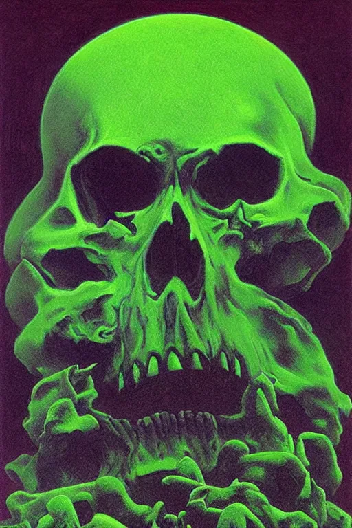 Prompt: horrific neon green skull floating over golden cubes by zdzisław beksinski