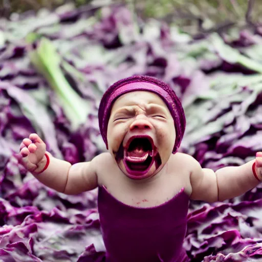 Image similar to dslr photo of an angry baby, screaming, whose head is a red cabbage