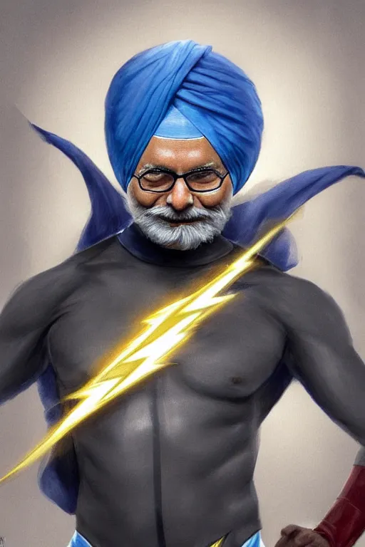 Image similar to Manmohan Singh as Flash, Flash costume, Manmohan Singh blue turban, Flash body type, Manmohan Singh Face, calm, lightnig speed, grumpy, portrait, masculine figure, highly detailed, digital painting, artstation, concept art, smooth, sharp focus, illustration, cinematic lighting, art by artgerm and greg rutkowski and alphonse mucha