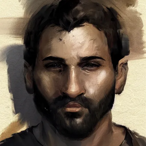 Image similar to Portrait of a man by Greg Rutkowski, he is about 30 years old, mixture between persian, indian and texan, wide forehead, short black hair, manly, attractive, strong and burly, he is wearing a utilitarian beige and black jumpsuit, highly detailed portrait, scifi, digital painting, artstation, concept art, smooth, sharp foccus ilustration, Artstation HQ