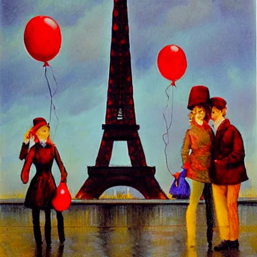 Image similar to two people standing in front of eiffel tower at trocadero holding red baloons, rainy day, strong colors, painting by eugene de lacroix,