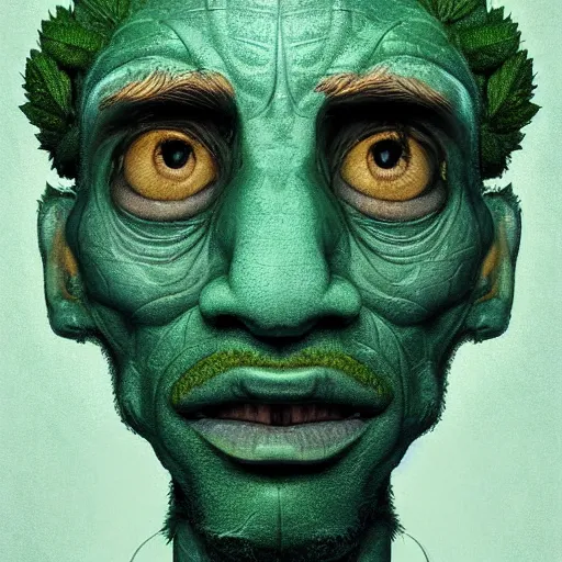 Prompt: a man made of hemp, with a head in the form of a cannabis bloom, man like smurf, green skin, character, art by james jean and greg rutkowski!!, realistic face, digital art,, golden ratio, perfect composition, trending on artstation, 8 k
