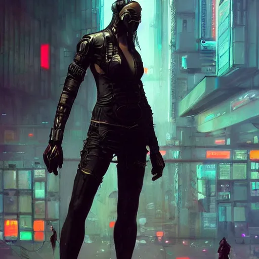 Image similar to cyberpunk character, full body shot, concept art, painted by stanley lau, painted by greg rutkowski, painted by stanley artgerm, digital art, trending on artstation