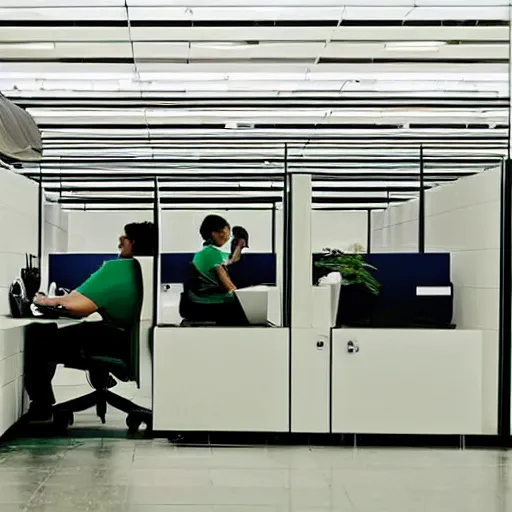 Image similar to a worker is sitting bored in front of desk, it is inside a cubicle which is completely surrounded by beautiful nature, total perspective