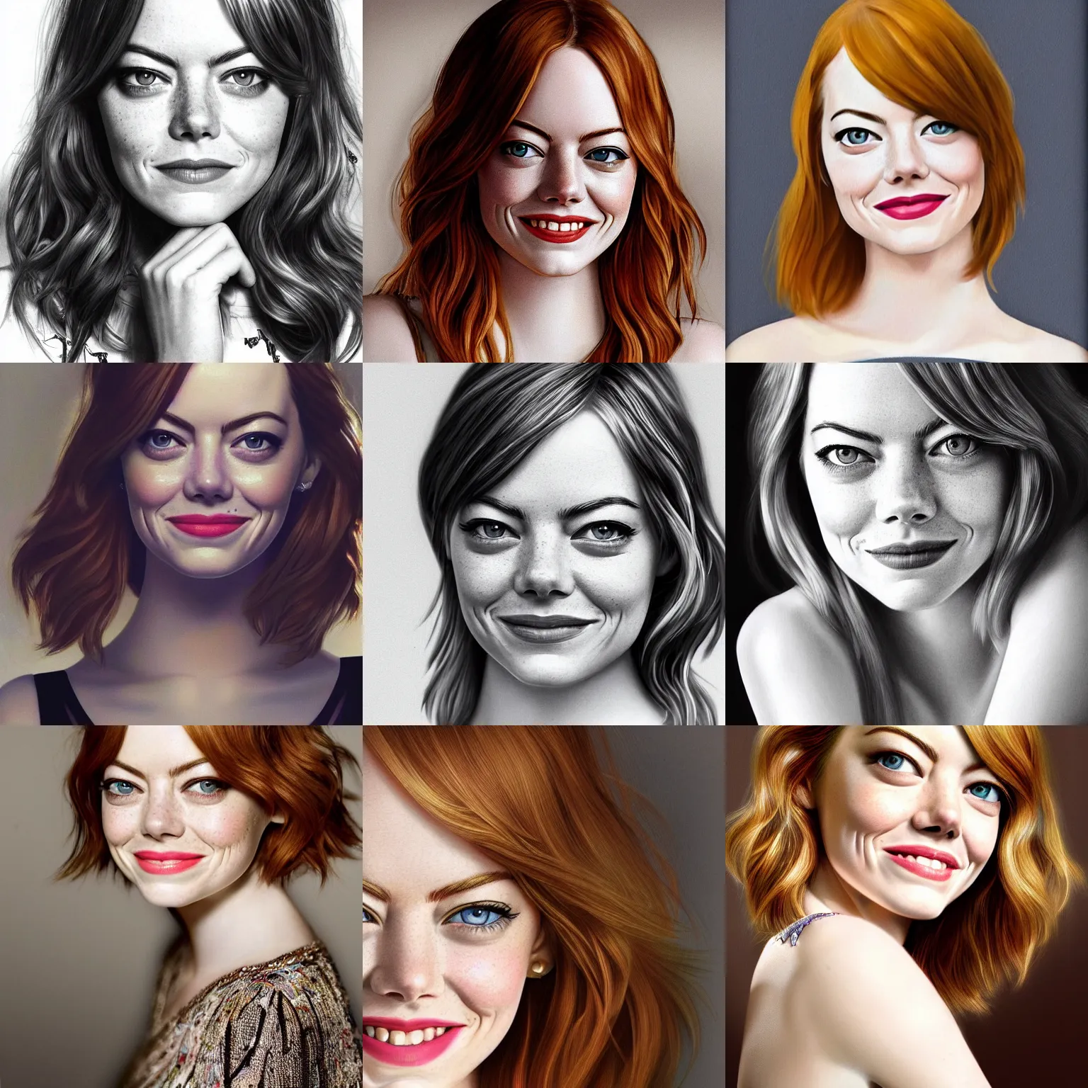 Prompt: Emma Stone, portrait, smiling, intricate, deep look, photorealistic, highly detailed