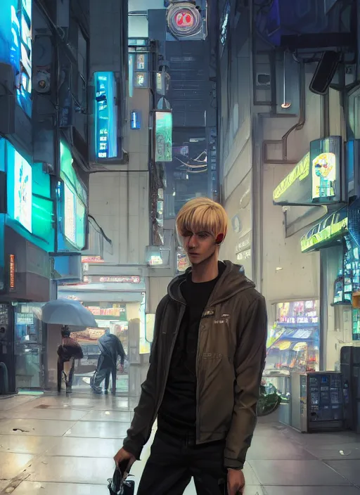 Image similar to cyberpunk beautiful blonde teenage boy hitman standing in front of a convenience store, futuristic beautiful, detailed portrait, cell shaded, 4 k, concept art, by wlop, ilya kuvshinov, artgerm, krenz cushart, greg rutkowski, pixiv. cinematic dramatic atmosphere, sharp focus, volumetric lighting, cinematic lighting, studio quality