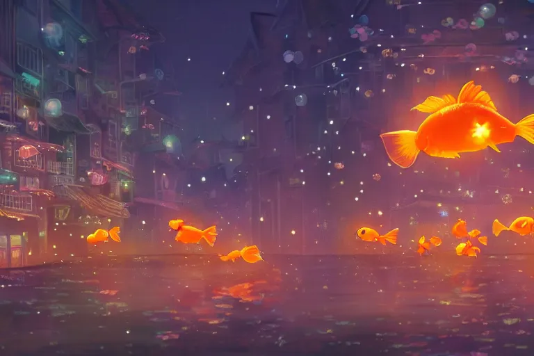 Image similar to fantasy art of a school of glowing goldfish swimming in the air, in the streets of a japanese town at night, with children outside watching in wonder, in the style of studio ghibli and makoto shinkai, highly detailed digital art, trending on artstation