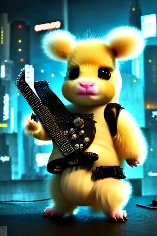 Image similar to high quality 3 d render very cute fluffy! cyborg cow plays guitar, cyberpunk highly detailed, unreal engine cinematic smooth, in the style of blade runner & detective pikachu, hannah yata charlie immer, moody light, low angle, uhd 8 k, sharp focus