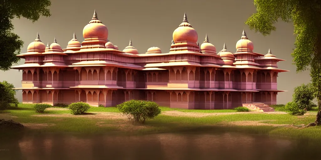 Image similar to a 3 d concept art of an indian palace by oliver beck, hyper realism, extremely detailed, atmospheric