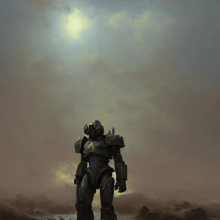 Image similar to a beautiful oil painting of a t - 4 5 power armor, fallout 4 by ivan aivazovsky and greg rutkowski and james gurney and frank lloyd and sung choi and monet, in style of impressionnisme. hyper detailed, sharp focus, soft light. unreal engine 5 lumen. ray tracing. trending on artstation. oil on canvas