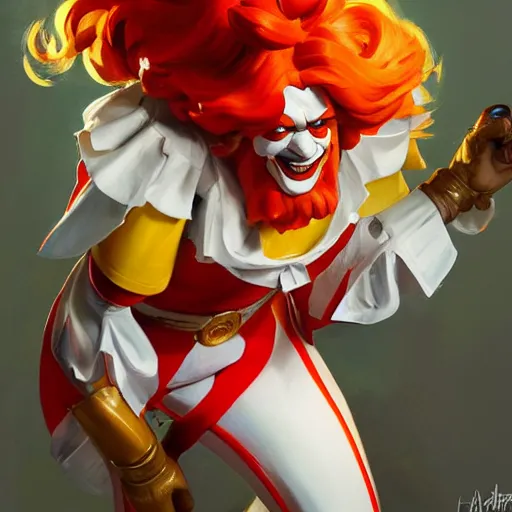 Image similar to greg manchess portrait painting of ronald mcdonald as overwatch character, medium shot, asymmetrical, profile picture, organic painting, sunny day, matte painting, bold shapes, hard edges, street art, trending on artstation, by huang guangjian and gil elvgren and sachin teng