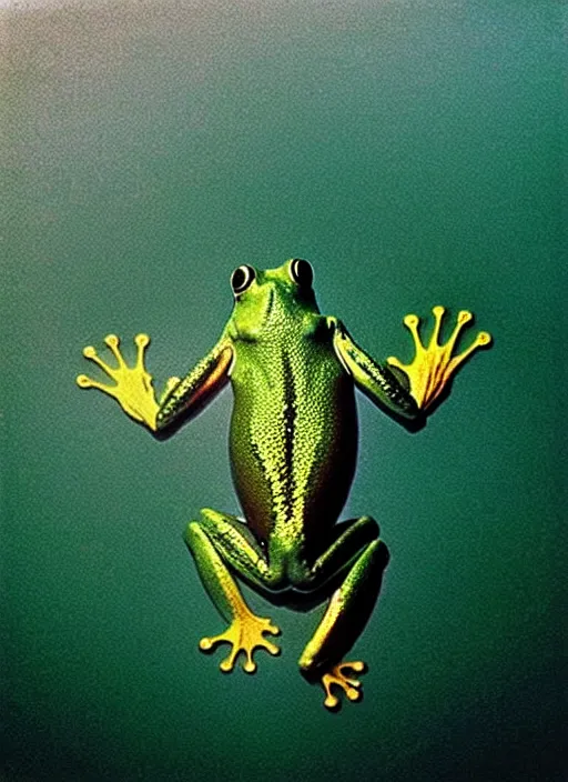 Image similar to “semitransparent frog vertically hovering over misty lake waters in jesus christ pose, semi translucent body, low angle, long cinematic shot by Andrei Tarkovsky, paranormal, eerie, mystical”