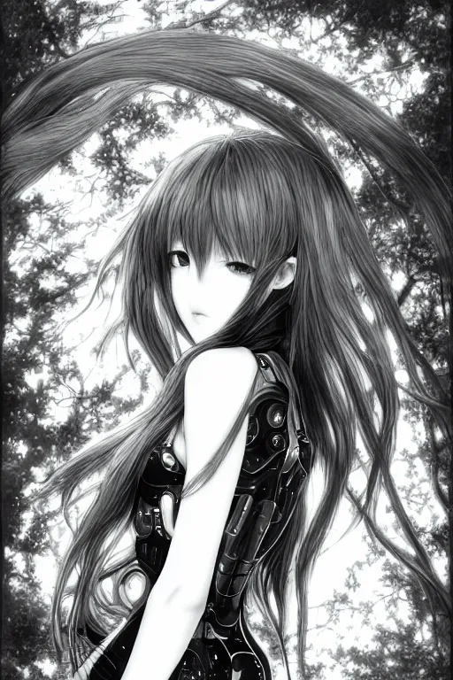 Image similar to a vertical portrait of a character in a scenic environment by Yoshitaka Amano, black and white, dreamy, cybernetic suit, wavy long black hair, highly detailed