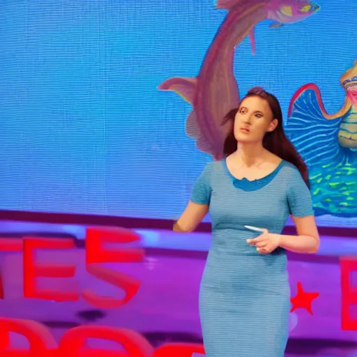 Image similar to a corporate mermaid giving a Ted Talk