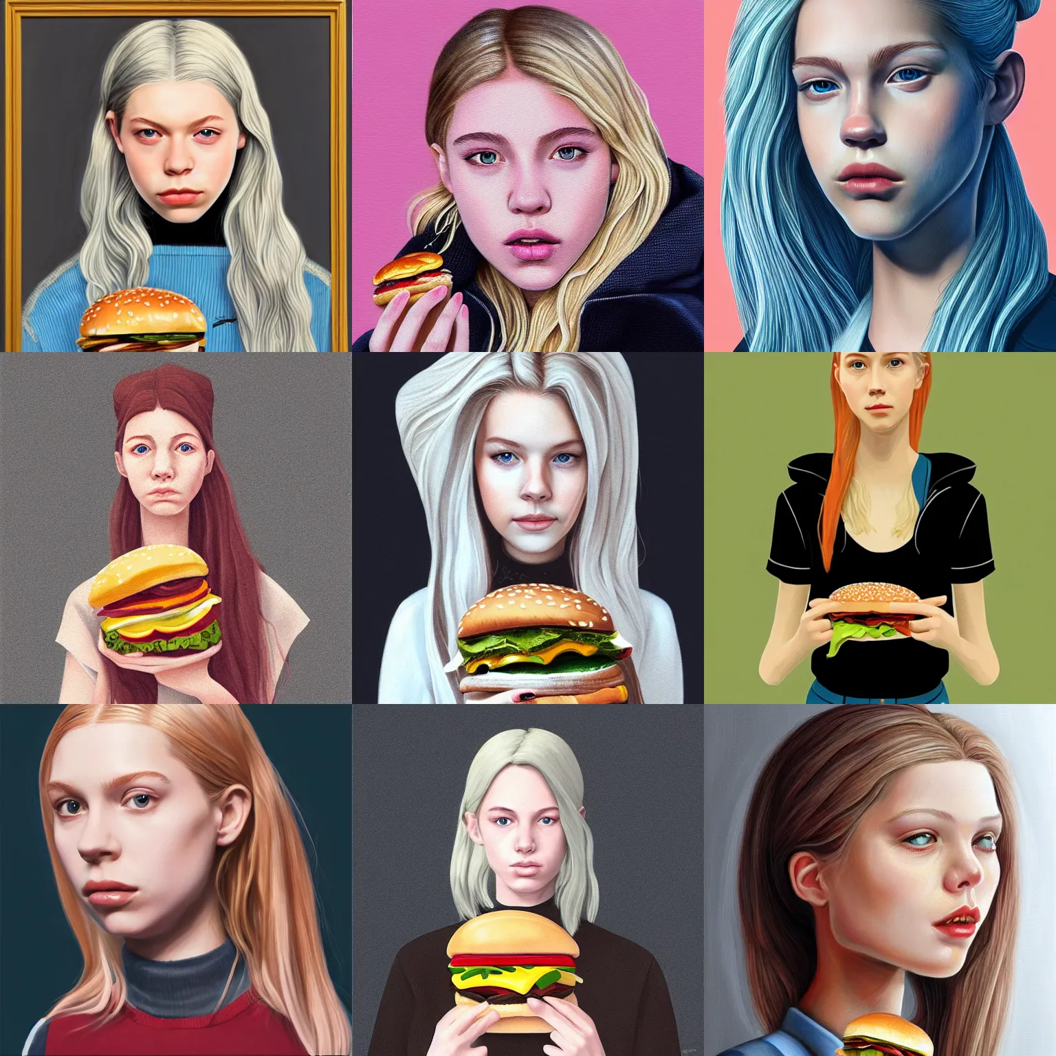 Prompt: portrait of actress hunter schafer holding a burger, intricate, highly detailed, digital painting, artstation, smooth, sharp focus, illustration