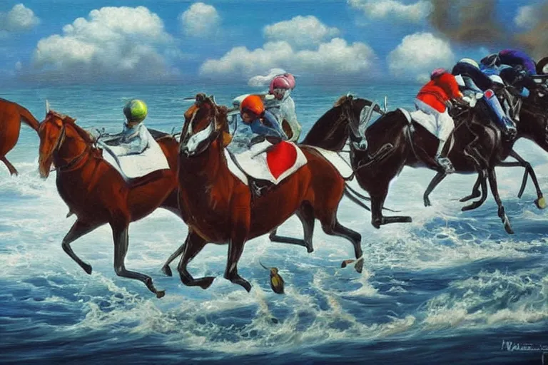 Image similar to dream racers on the salt bay, surrealism, elegant oil painting, highly detailed.