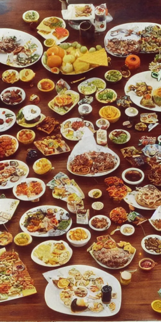 Image similar to a 70s photo of a spread of food sculptures