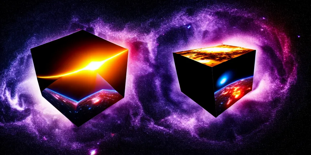 Image similar to A black cube projecting on its surface a black hole devouring galaxies and stars, floating In the middle of the ocean, Photography, Cinematic, Time-Lapse, Panorama, Field of View, 3-Dimensional, Hyperdimensional, 32k, Star, Cube, Powerful, Beautiful Lighting