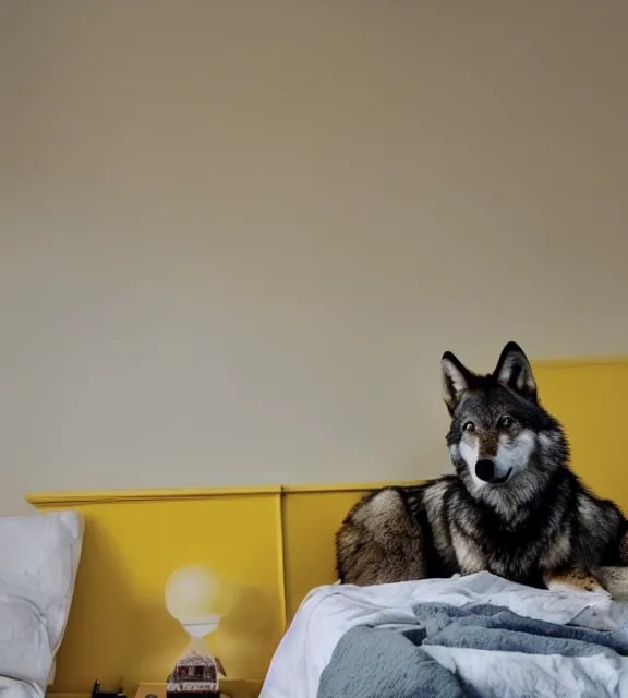 Image similar to a 4 k photorealistic photo of a wolf sitting on a bed in a yellow room