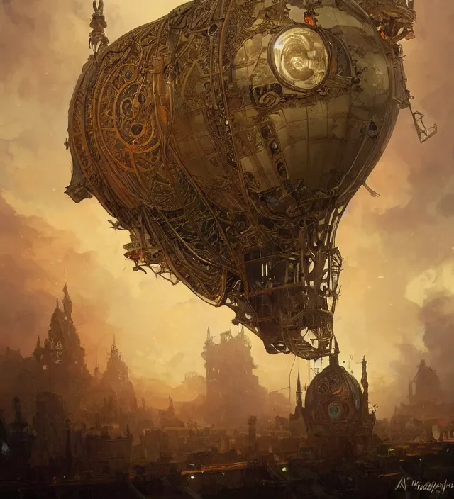 Prompt: a baroque steampunk airship dirigible, intricate, highly detailed, digital painting, artstation, concept art, sharp focus, cinematic lighting, illustration, art by artgerm and greg rutkowski, alphonse mucha, cgsociety