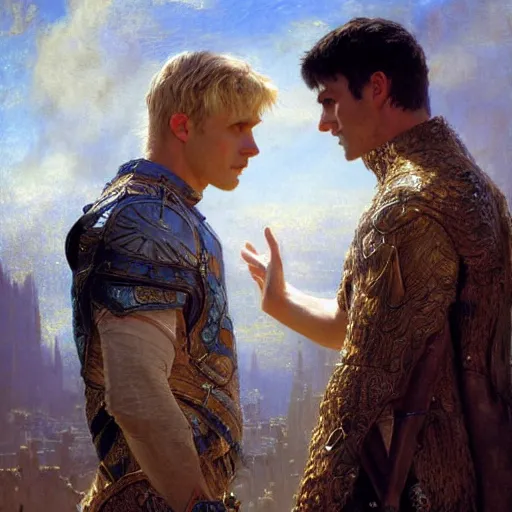 Image similar to attractive arthur pendragon confesses his love to attractive male merlin. highly detailed painting by gaston bussiere, craig mullins, j. c. leyendecker 8 k