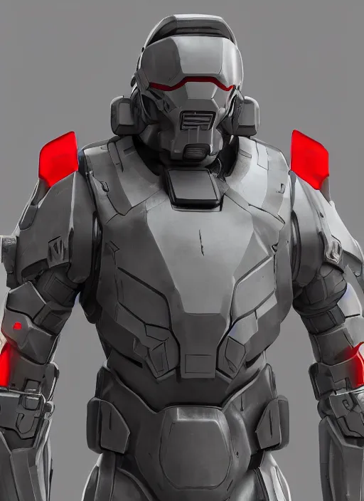 Image similar to sci - fi soldier in heavy futuristic armor, gray with red accents, hard surface 3 d, halo infinite, 3 4 3 industries, artstation trending, zbrush hard surface, 8 k, octane render