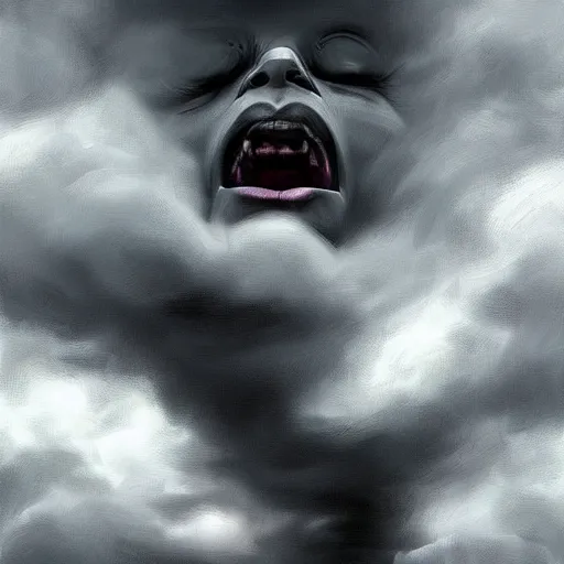 Prompt: a face in anguish coming out of the clouds, dark skies, ominous mood, breathtaking digital painting,