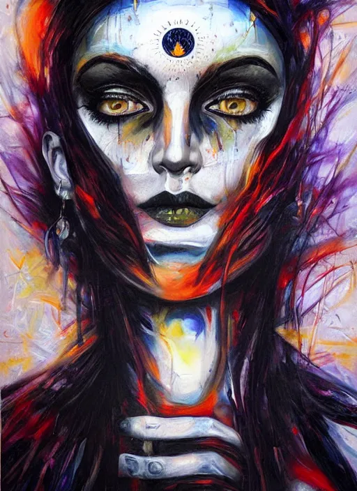 Prompt: enlightened magic cult psychic woman, painted face, third eye, energetic consciousness psychedelic, epic surrealism expressionism symbolism, story telling, iconic, dark robed, oil painting, symmetrical face, dark myth mythos, by sandra chevrier, joan mitchell monochromatic masterpiece