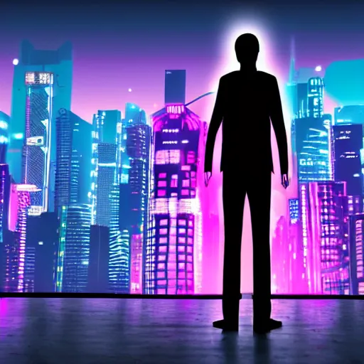 Image similar to one man silhouette standing in front of a cyberperunk city, neon lights, anime, night, very beautiful, trending on deviantart,