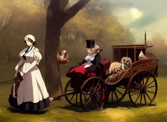 Prompt: victorian britain 1 8 3 5, florence nightingale travelling in a carriage with her pet owl in the pocket of her apron gapmoe yandere grimdark, trending on pixiv fanbox, painted by greg rutkowski makoto shinkai takashi takeuchi studio ghibli