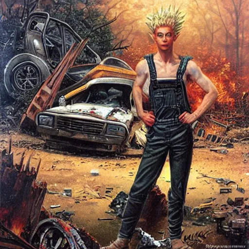 Prompt: an elf with spiky blonde hair wearing dark brown overalls and holding dynamite standing next to a destroyed car, painting by Gerald Brom