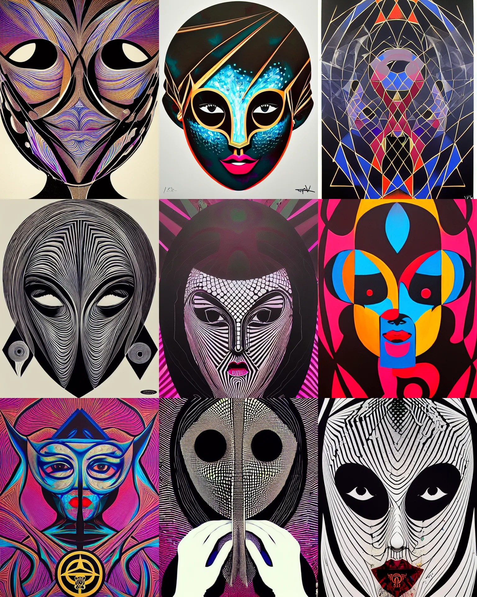 Prompt: masked girl, shards and fractal of infinity, drip painting, highly detailed, simple, no jagged lines, smooth, artstation, centered artwork by shepard fairey, artwork by victor vasarely