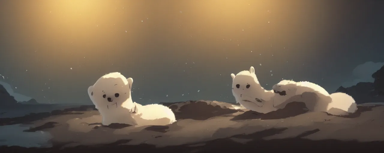 Image similar to a baby harp seal skeleton on the bank of a tropical river, atey ghailan, goro fujita, studio ghibli, rim light, dark lighting, clear focus, very coherent