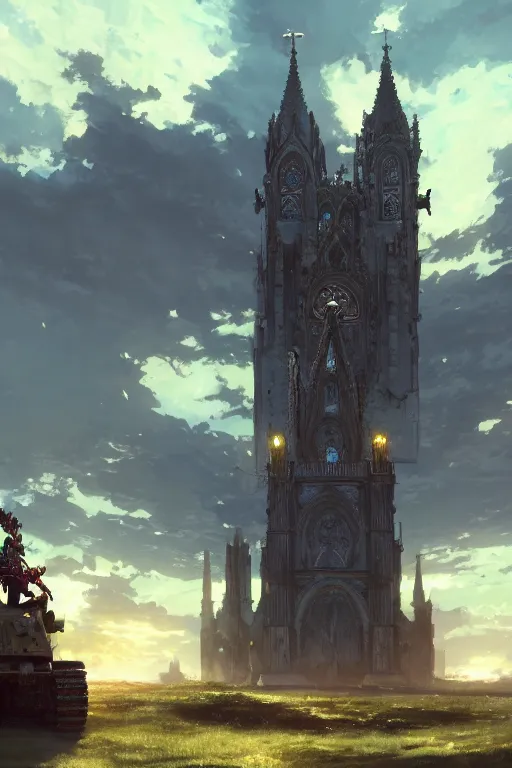 Prompt: a mobile driving ornate cathedral church as tower mounted on a tank with chain drive, warhammer 4 0, scene in an open field. key visual, conceptart, ambient lighting, highly detailed, digital painting, artstation, concept art, sharp focus, by makoto shinkai and akihiko yoshida and kris kuksi