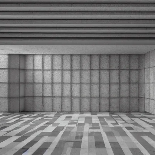 Prompt: symmetry, parallel perspective with center end point, parallax mapping of brutalist shop, octane render, high quality