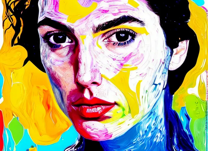 Image similar to portrait of gal gadot, by vincent lefevre and hernan bas and pat steir and hilma af klint, psychological, photorealistic, dripping paint, washy brush, rendered in octane, altermodern, masterpiece