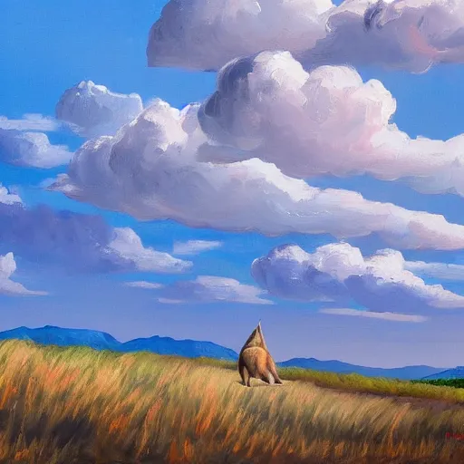 Image similar to a very detailed painting of giant cute fluffy caracal, blue sky with very aesthetic stylized clouds, there is a city with futuristic buildings in the back, there are blue mountains in the back, in the style of edward hopper and hugo pondz, very fine brushstrokes, 4 k,