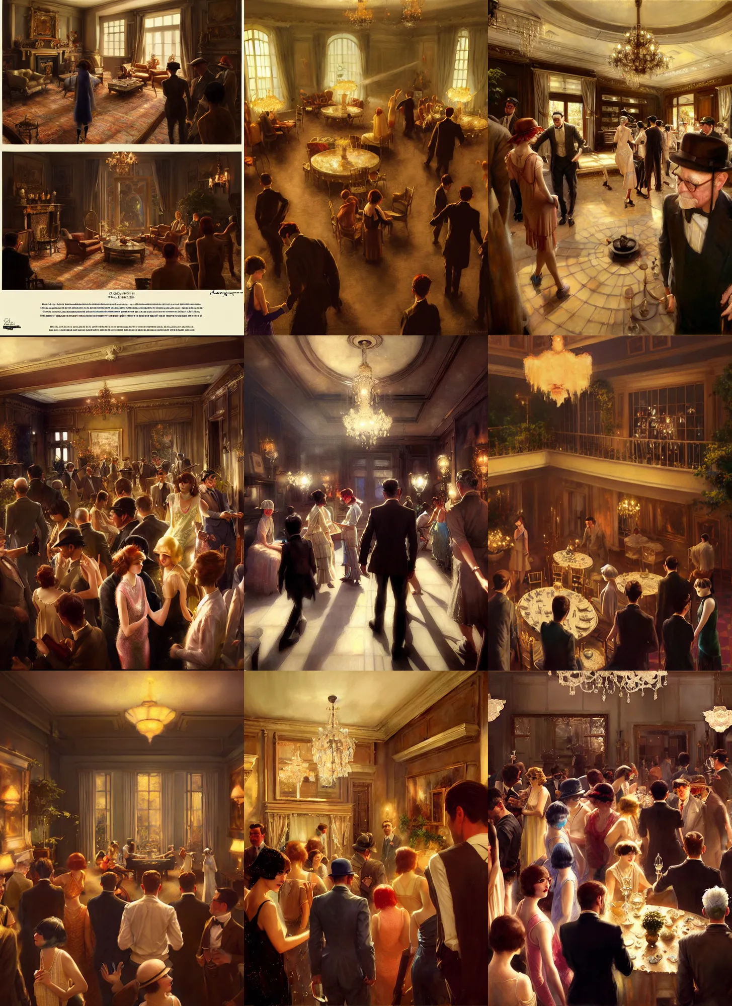 Image similar to craig mullins and ghibli and james gurney detailed realist painting of a 1 9 2 0 s grand party in a beautiful mansion, many partygoers, strong contrast, unreal engine, hyper realism, realistic shading, cinematic composition, realistic render, octane render, detailed textures, photorealistic, close shot, 3 5 mm film