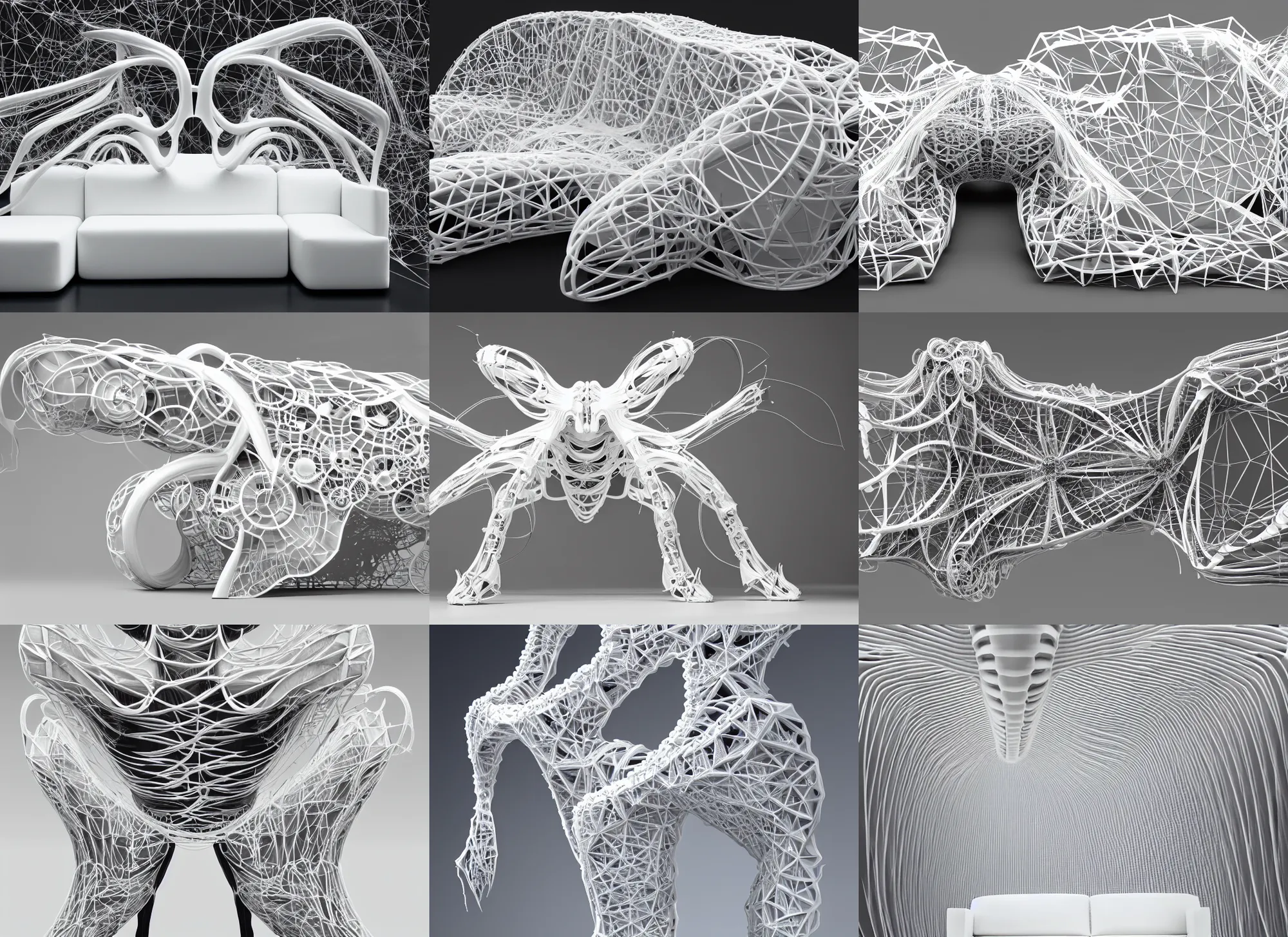 Prompt: frontal view, perfect symmetry, cyberpunk beautiful white sofa in form of complex structure stands between column iris van herpen, vogue, tumors, mechanisms, insects, wires, tubes, veins, white mechanical details, masterpiece, intricate, extremely highly detailed, artstation, concept art