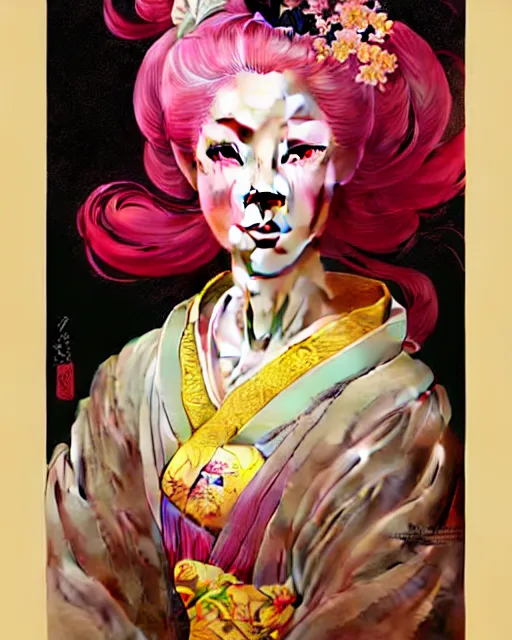 Prompt: portrait of a beautiful geisha woman with pink hair, beautiful symmetrical face, golden, fantasy, regal, by stanley artgerm lau, greg rutkowski, thomas kindkade, alphonse mucha, loish, norman rockwell.