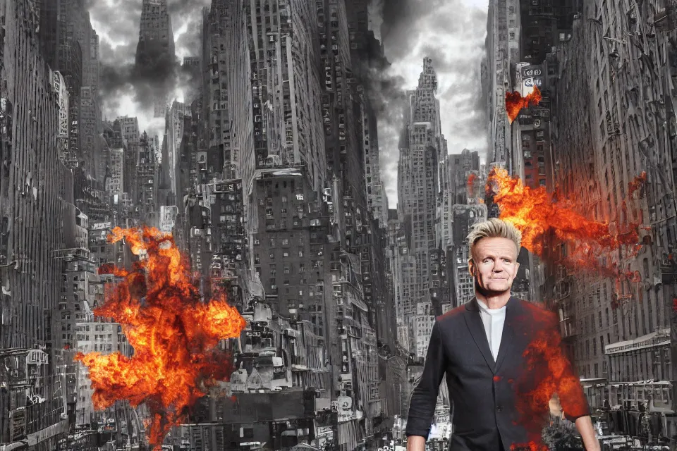 Prompt: giant Gordon Ramsay destroys New York, eldritch horror, 4k digital render